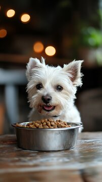 A small white dog eagerly looks at a bowl of food, creating a cosy atmosphere for advertising pet supplies or pets.