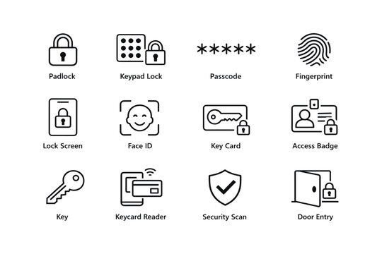 Security icon set featuring keypad lock, fingerprint, keycard, passcode, and face id symbols
