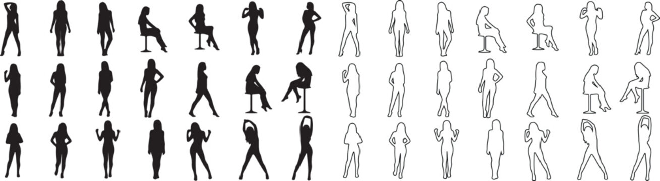 Vector Set of Minimalist Female Silhouettes and Outline Figures in Different Poses isolated PNG with Transparent Background