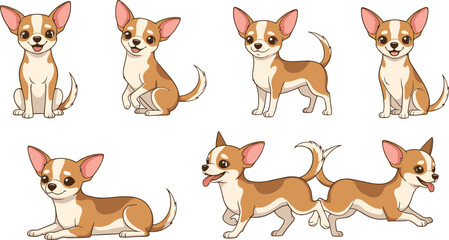 Cute cartoon chihuahua dog character set in different poses, small puppy pet illustration collection for kids