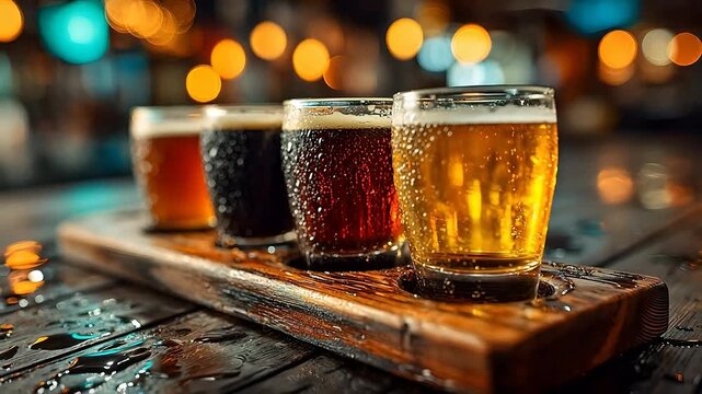 Wooden flight paddle holds four glasses of craft beer with condensation on glass against a blurred bar background with warm lighting.