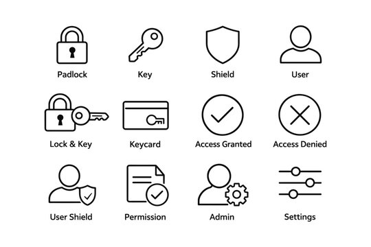 Security icons set: padlock, key, shield, user, access, settings