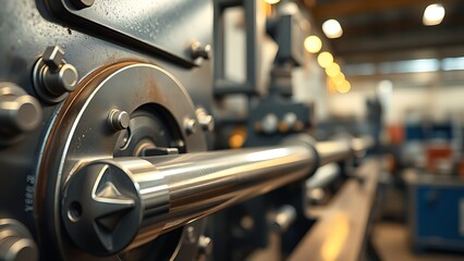 Fototapeta premium Close-up of industrial hydraulic machinery in action, highlighting metallic details and warm workshop ambiance.