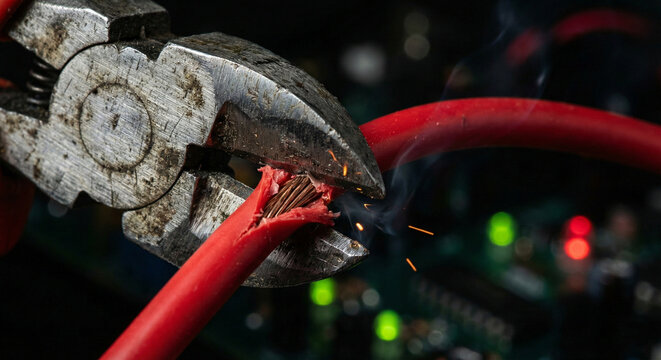 Wire Cutters Cutting Red Electric Cable with Sparks