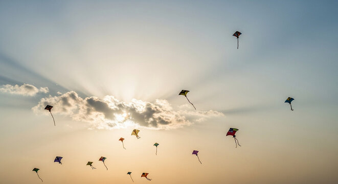 Colorful kites flying in the sky during sunset with clouds  