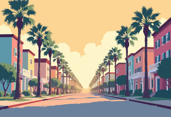 Fototapeta premium Rainbow Row Charleston depicted as flat pattern pastel houses palm trees Bathed warm, humid golden glow art