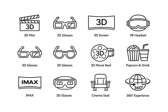 Icons of 3d cinema experience: glasses, vr, imax, and more
