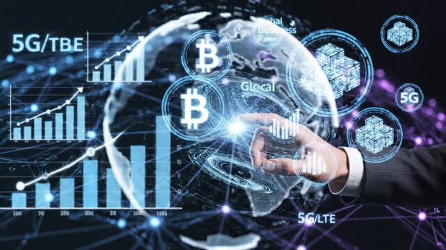 A close-up shot of a business professional's hand interacting with a futuristic, glowing holographic display, illustrating concepts of global digital finance and advanced technology. The dynamic inter