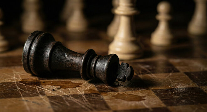 Fallen Black Chess King Piece on Wooden Board Checkmate