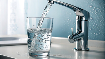 Fresh water pouring into glass from faucet in modern kitchen promoting health hydration and cleanliness transparent background