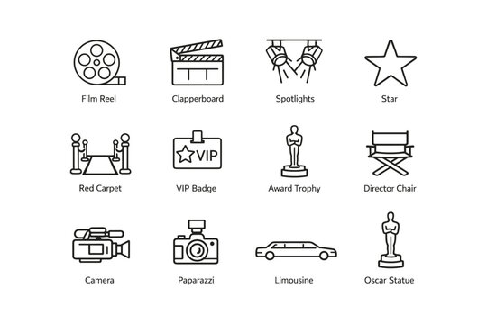 Cinema icons: film reel, clapperboard, star symbol, camera, red carpet, director chair