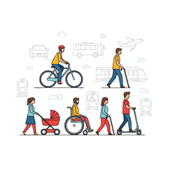 Fototapeta premium Diverse people using various modes of transportation