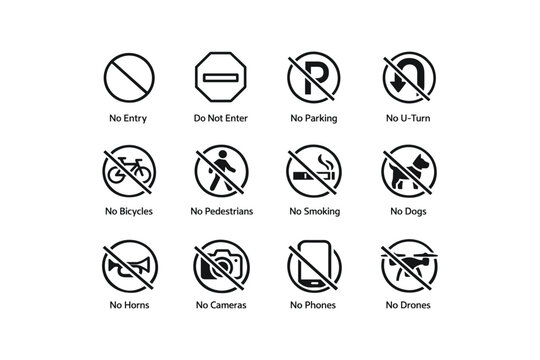 Prohibited actions: no entry, parking, u-turn, bicycles, pedestrians, smoking, dogs, horns, cameras, phones, drones