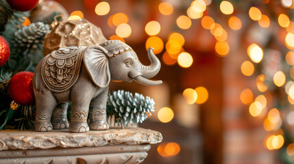 Fototapeta premium festive home decor, festive modern interior with a small elephant ornament on a shelf and a blurred background of christmas lights, creating a cozy atmosphere