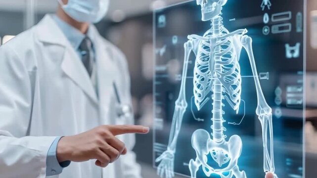 Doctor Pointing at Holographic Human Skeleton &ndash; Medical Education, Augmented Reality & Digital Anatomy Training

