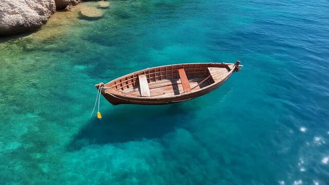 High Angle Aerial View of Empty Rustic Wooden Rowboat Floating on Crystal Clear Turquoise Mediterranean Sea