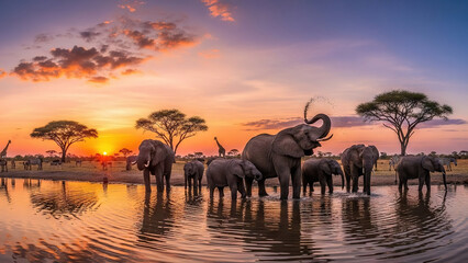 Fototapeta premium Elephants Drinking at a Watering Hole During Sunset in a Savanna