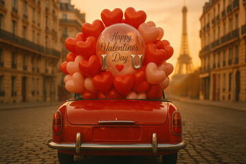 Romantic Vintage Red Convertible with Valentine Balloons at Sunset in Paris