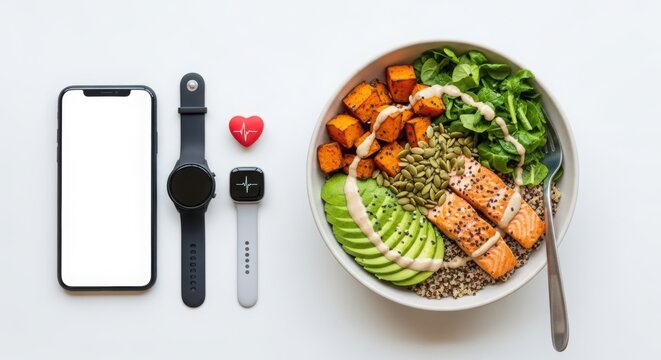 Healthy meal with tech accessories