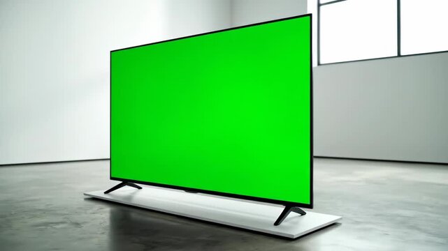 Green screen tvs on stands in a modern white room with natural lighting