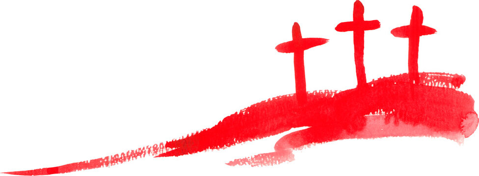 Red watercolor crosses on a hill on transparent background. Christian symbol for Easter week or Good Friday for religious design.