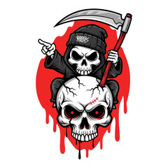 Fototapeta premium A grim reaper illustration pointing forward with a scythe over a bloody skull, embodying death and danger in a dark, eerie scene from a close-up viewpoint.