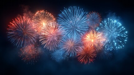 Fototapeta premium Colors dance across the dark sky as fireworks burst into life, illuminating the celebration below. Spectators gaze in awe at the radiant display during a magical evening