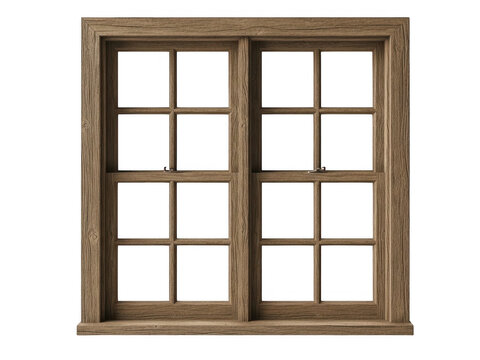 Old wooden double-hung window frame with 12 panes isolated on transparent background