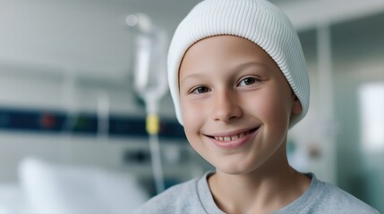 Smiling caucasian child in hospital with head covering