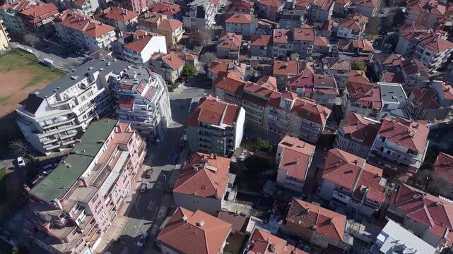 View from a height of the city of Pomorie with many cars, houses and hotels