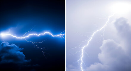 Dramatic lightning storm over dark clouds with bright electric bolt in night sky