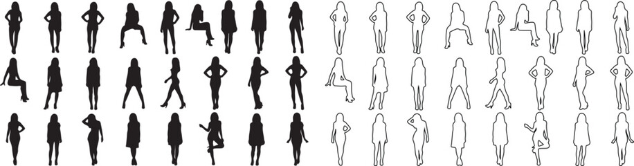 Fototapeta premium Set of diverse female people silhouettes and outline figures in various poses. Isolated vector illustration for design. isolated PNG with Transparent Background