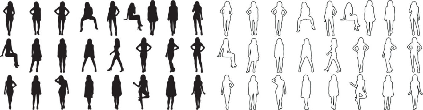 Set of diverse female people silhouettes and outline figures in various poses. Isolated vector illustration for design. isolated PNG with Transparent Background