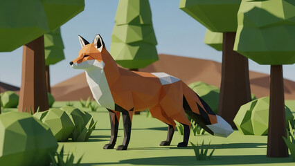 Obraz premium Fox walking through a low-poly forest scene