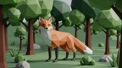 Obraz premium Fox walking in a low-poly forest with trees