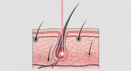Medical hair transplant procedure illustration with follicles and surgical tools on skin cross-section