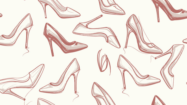 Collection of high heeled shoes in various styles and angles on cream background