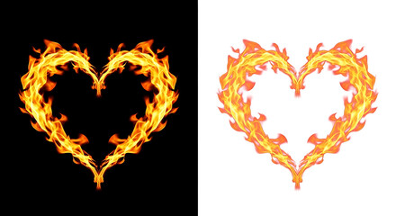Flaming heart shape fire abstract burning passion love symbol on black background