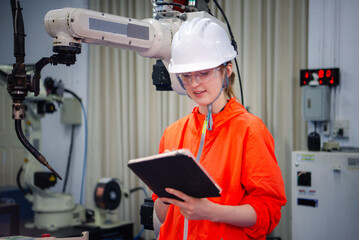 Robotic machine engineer checking plan system of automation robot arms machine in factory