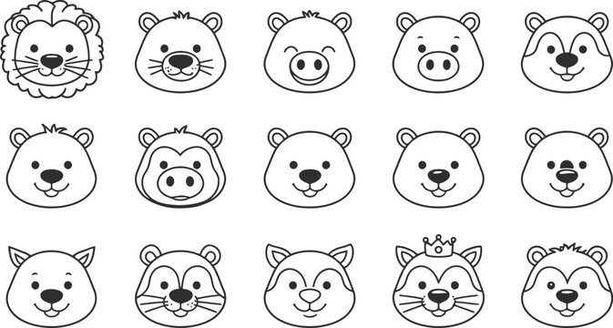   
Cartoon animal face grid with lion, pig, bear, panda, raccoon and more in black and white outline illustration