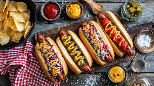 Freshly grilled hot dogs topped with colorful ingredients sit on a rustic wooden board. A perfect summer gathering filled with vibrant flavors and crunchy potato chips nearby invites cheerful moments