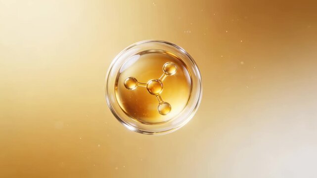 Floating vitamin E molecule in a rounded transparent glass droplet with golden liquid light on a honey gold ivory gradient for an antioxidant beauty mood.
