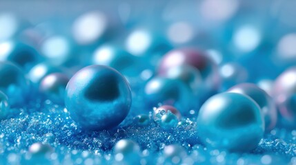 Naklejka premium Glistening blue pearls on sparkling surface with soft focus