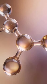 Single collagen peptide molecule in smooth transparent glass elements with elegant liquid bonds high transparency and a warm inner glow on a clean gradient background.