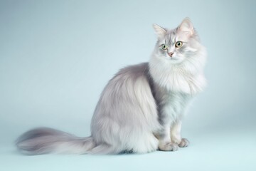 Silver asian semi-longhair cat sits gracefully on light blue background while looking curiously at something