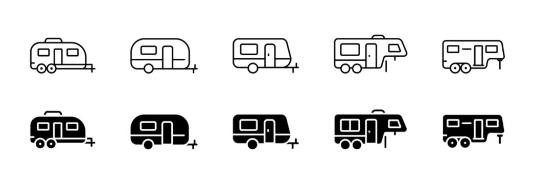 Caravan and trailer vector icon set in outline and solid styles. Camping and RV travel symbols for tourism, vacation, road trip and outdoor lifestyle projects.