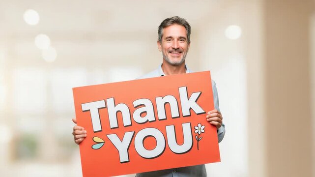 A man holding a thank you sign with a smile on his face, expressing gratitude