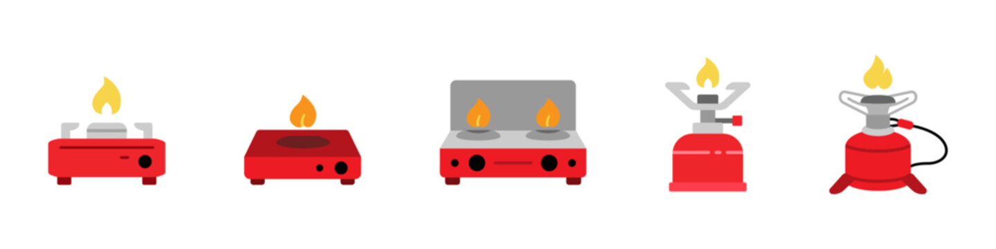 Flat vector icon set of camping gas stoves and burners. Portable outdoor cooking equipment for hiking, travel, camping, survival and tourism projects, UI design and commercial use.