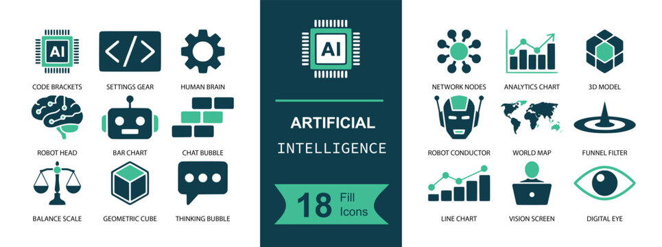 Artificial intelligence icon set. Containing AI logo, code, settings, neural network, analytics, data cube, brain, chatbot, robot, chip, eye and more. Solid fill vector icons collection