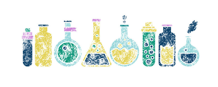 Science laboratory, school chemistry banner with crayon texture on white background. Medical, chemical or biology lab, school education concept with tubes and flasks, vector illustration
